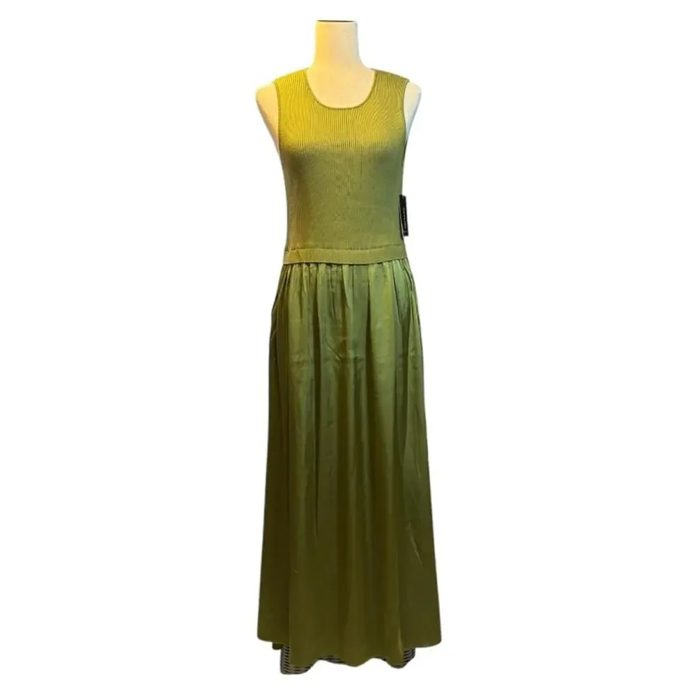 NWT TAYLOR Moss Green Mixed Media Satin Gown Ribbed Bodice & Pockets Size L 1272